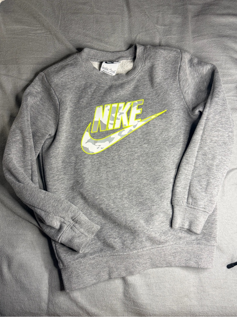 Kids Nike Grey Crewneck with Neon Yellow Logo